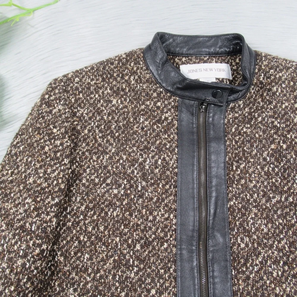 JONES NEW YORK Brown Vintage Leather & Tweed Zip Front Jacket Women’s Size 8